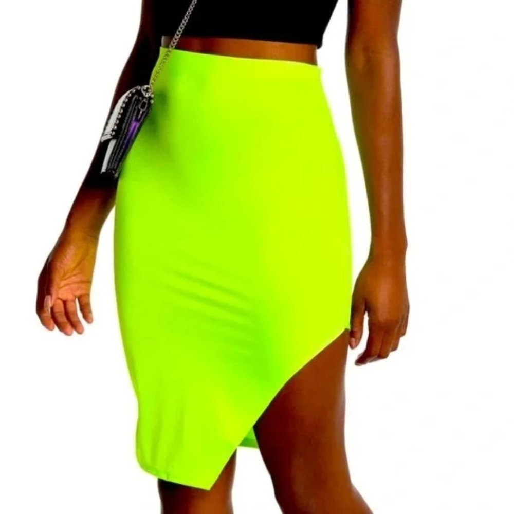 Know One Cares Neon Green Asymmetrical Bodycon Skirt with Side Sli…